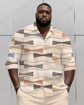 Big & Tall Men's Business Apricot Geometric Print Long Sleeve Shirt Shorts Set